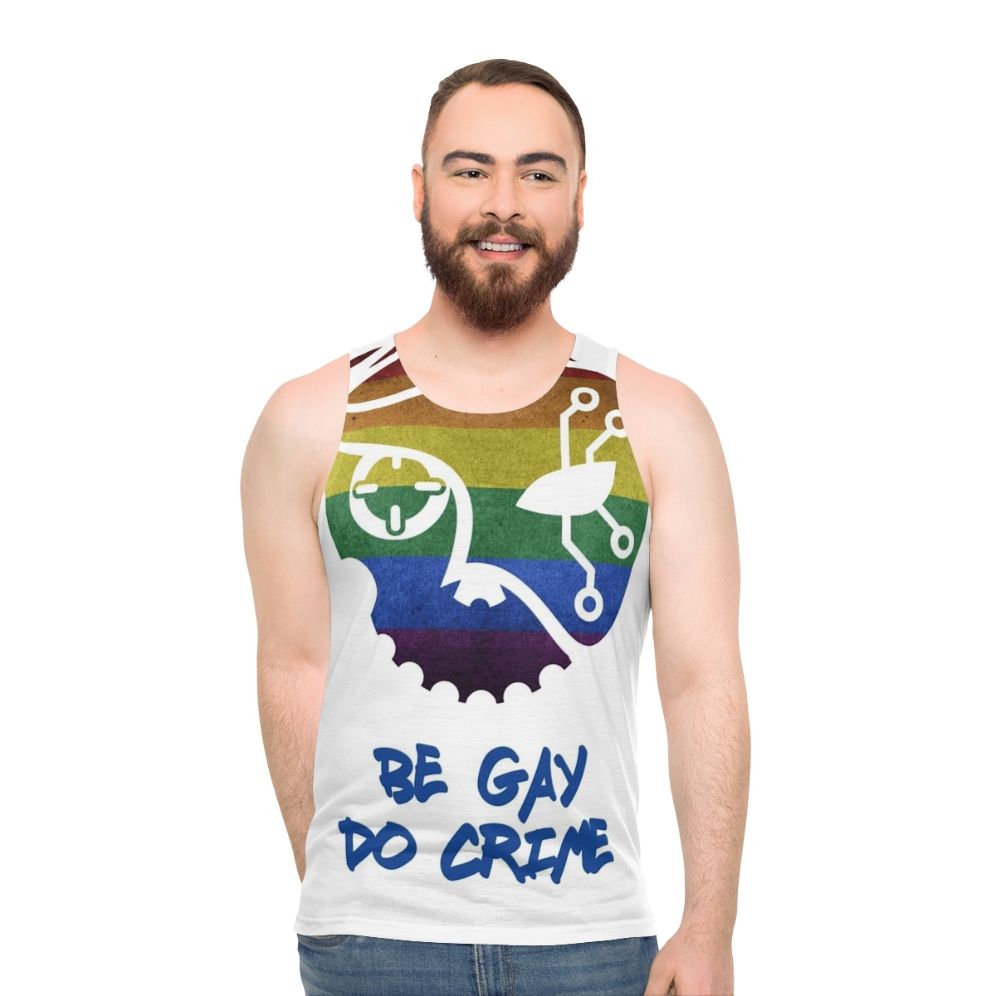 Unisex tank top with "Be Gay Do Crime" graphic