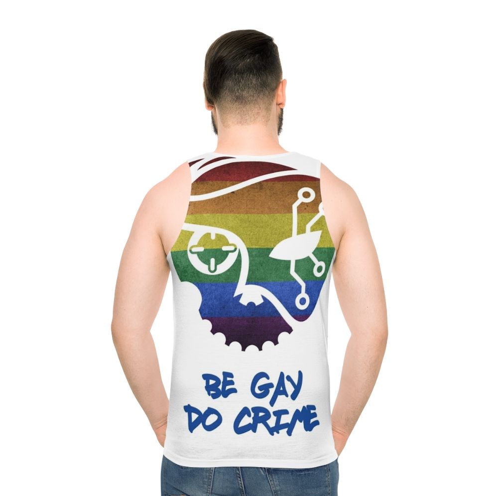 Unisex tank top with "Be Gay Do Crime" graphic
