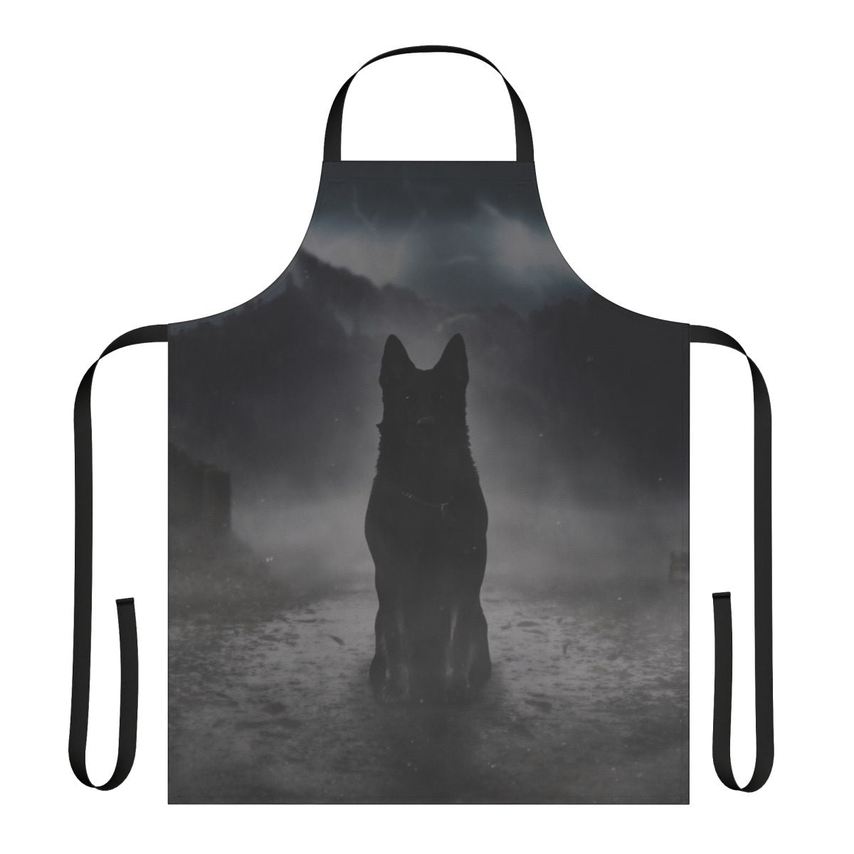 Apron featuring a haunting silhouette of a black German shepherd dog in a misty, atmospheric setting