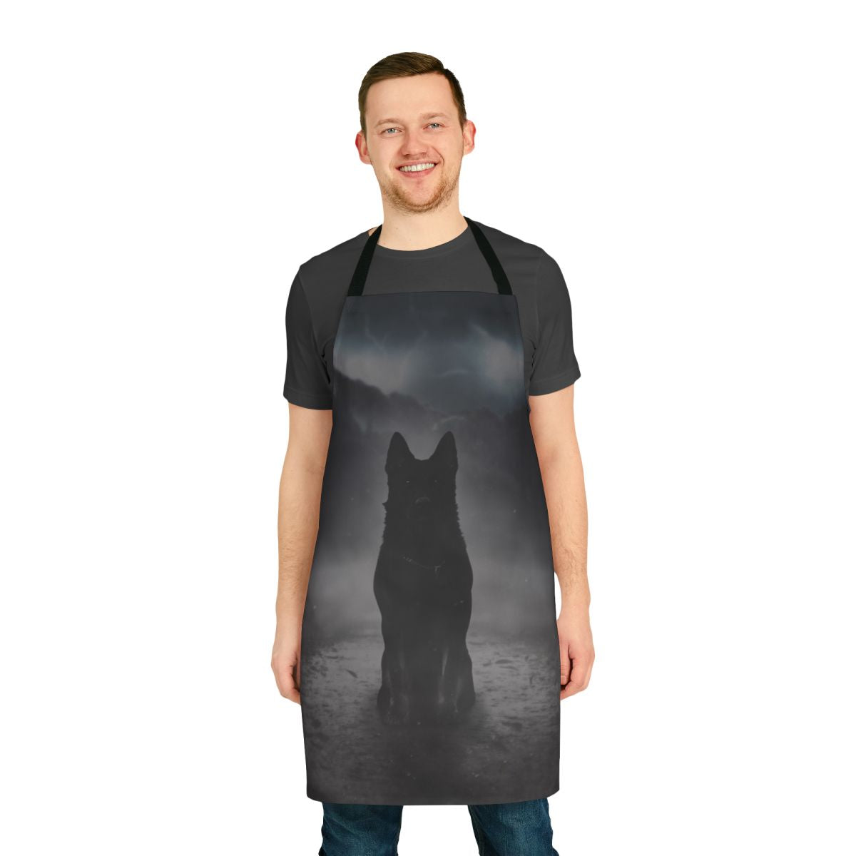 Apron featuring a haunting silhouette of a black German shepherd dog in a misty, atmospheric setting