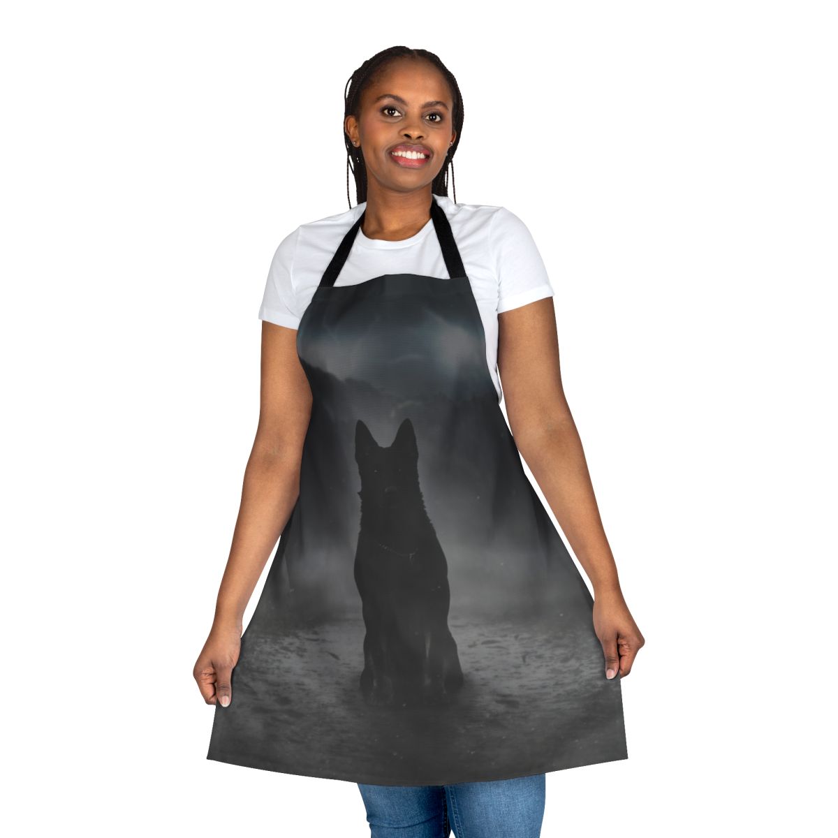 Apron featuring a haunting silhouette of a black German shepherd dog in a misty, atmospheric setting