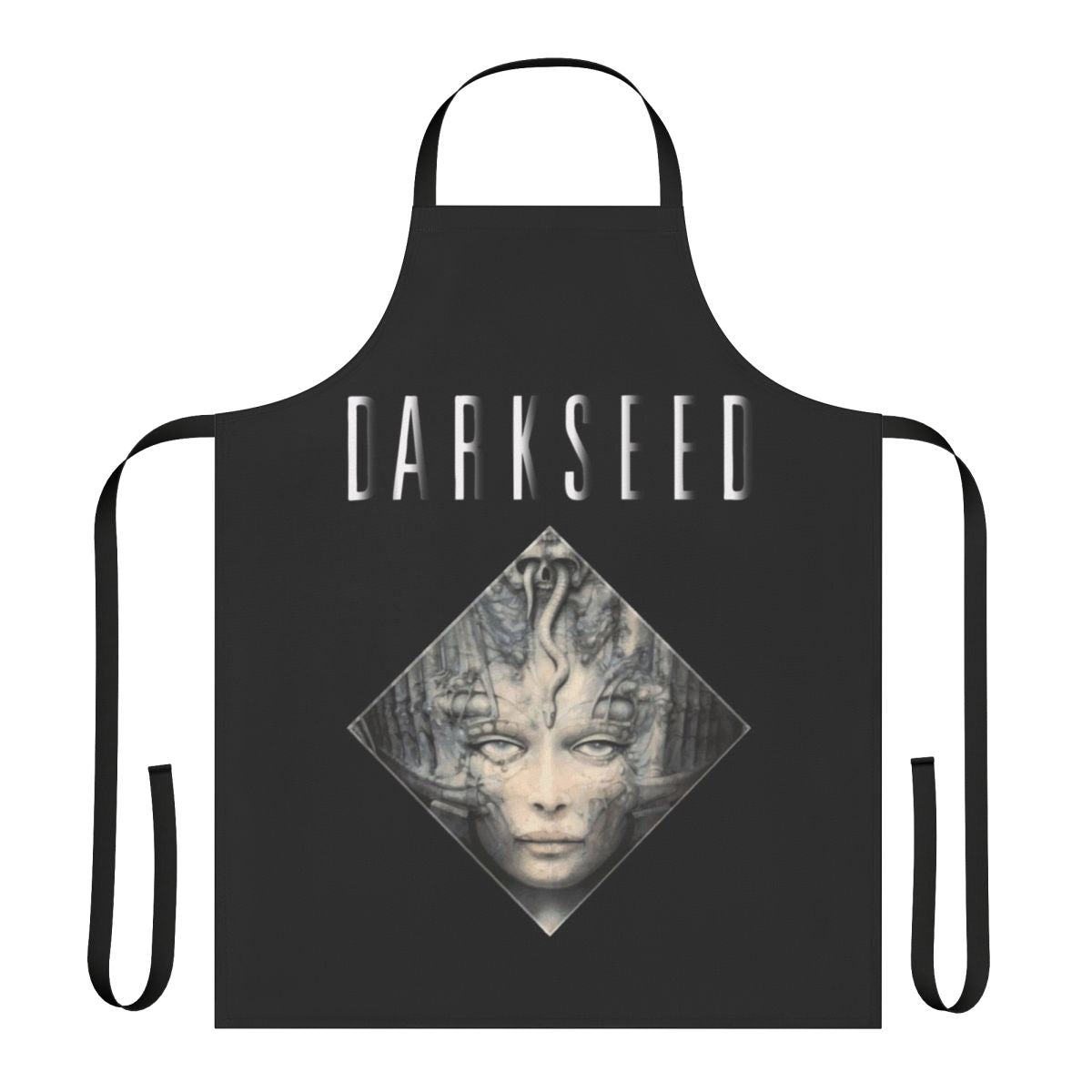 Dark fantasy-inspired apron with biomechanical and horror-themed graphic design