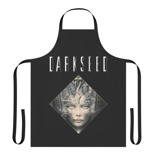 Dark fantasy-inspired apron with biomechanical and horror-themed graphic design