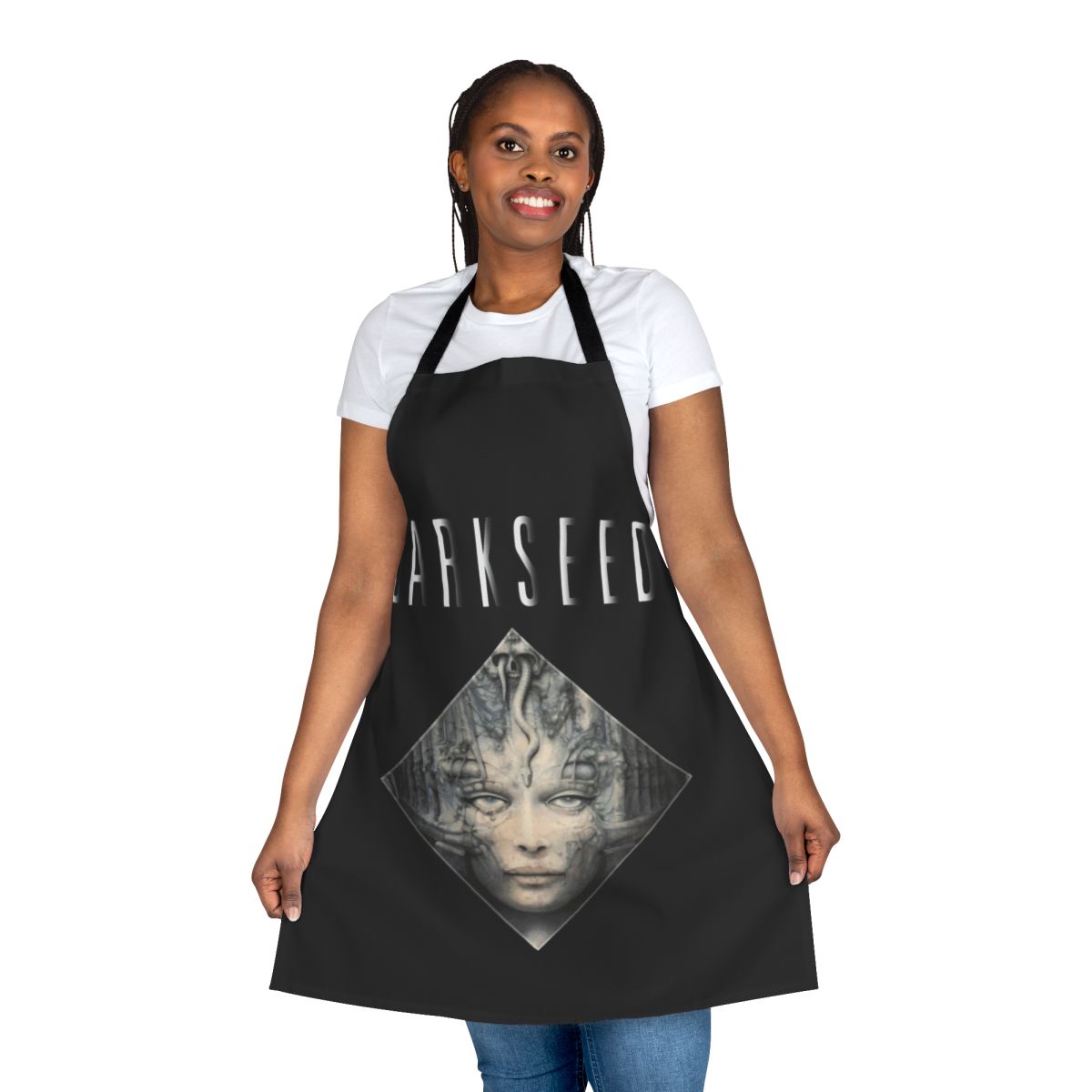 Dark fantasy-inspired apron with biomechanical and horror-themed graphic design
