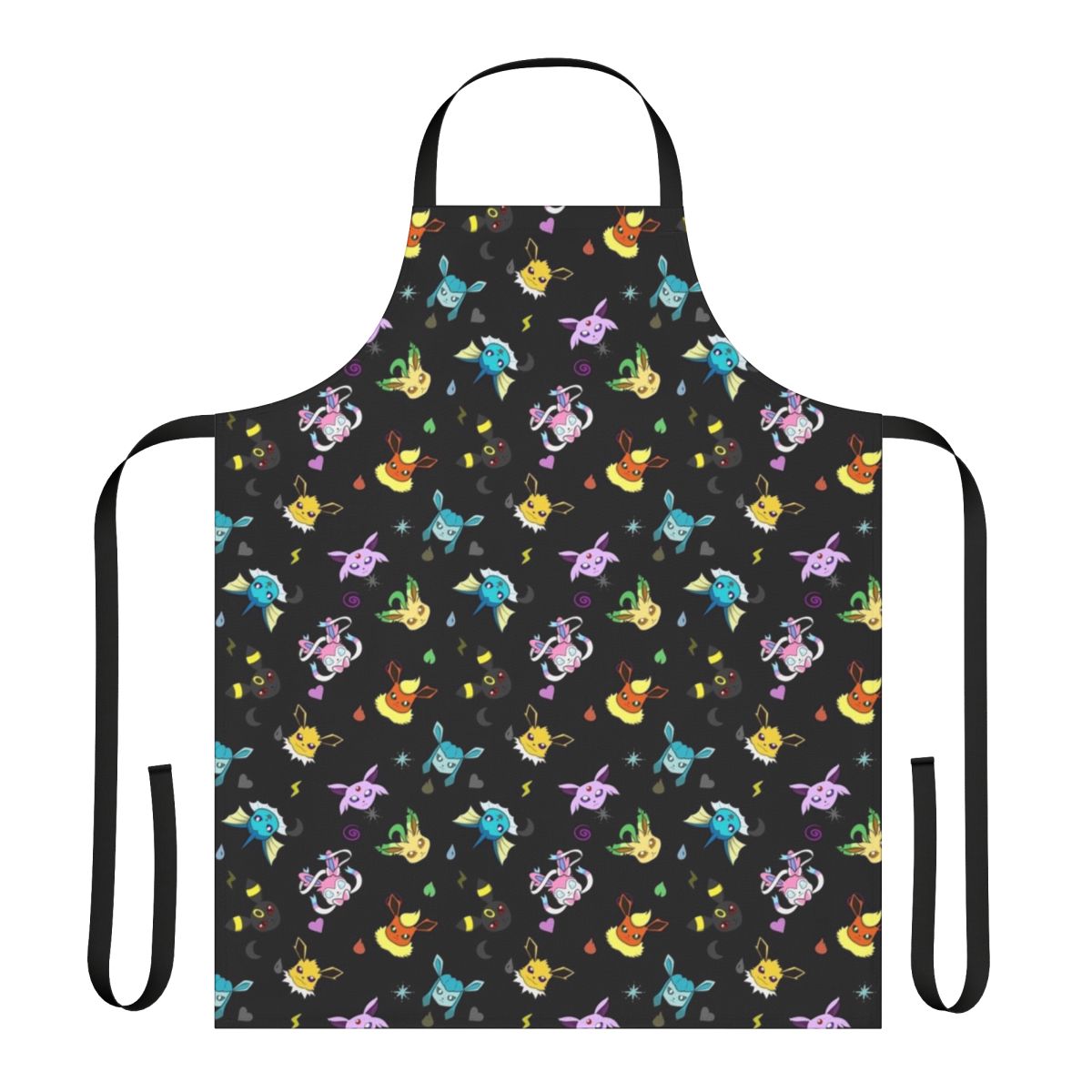 Eeveelutions-inspired type themed apron featuring water, psychic, grass, fire, electric, dark, fairy, and ice type patterns