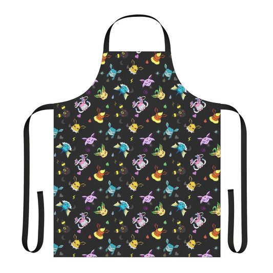 Eeveelutions-inspired type themed apron featuring water, psychic, grass, fire, electric, dark, fairy, and ice type patterns