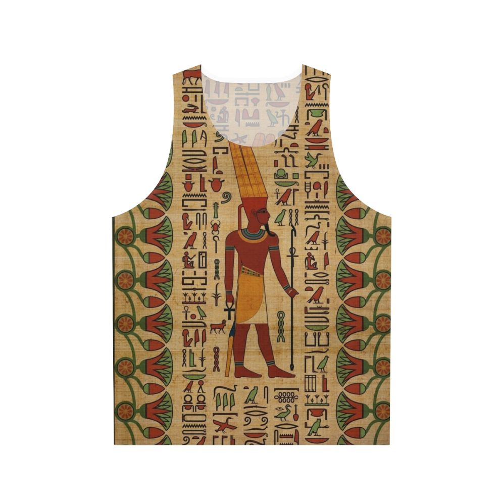 Unisex Egyptian Amun Ra tank top with gold hieroglyphic design