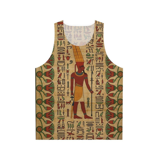 Unisex Egyptian Amun Ra tank top with gold hieroglyphic design