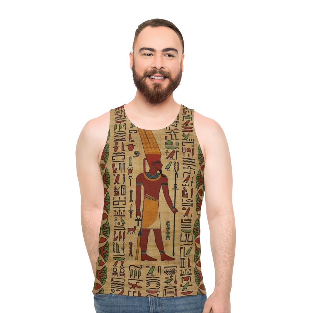 Unisex Egyptian Amun Ra tank top with gold hieroglyphic design