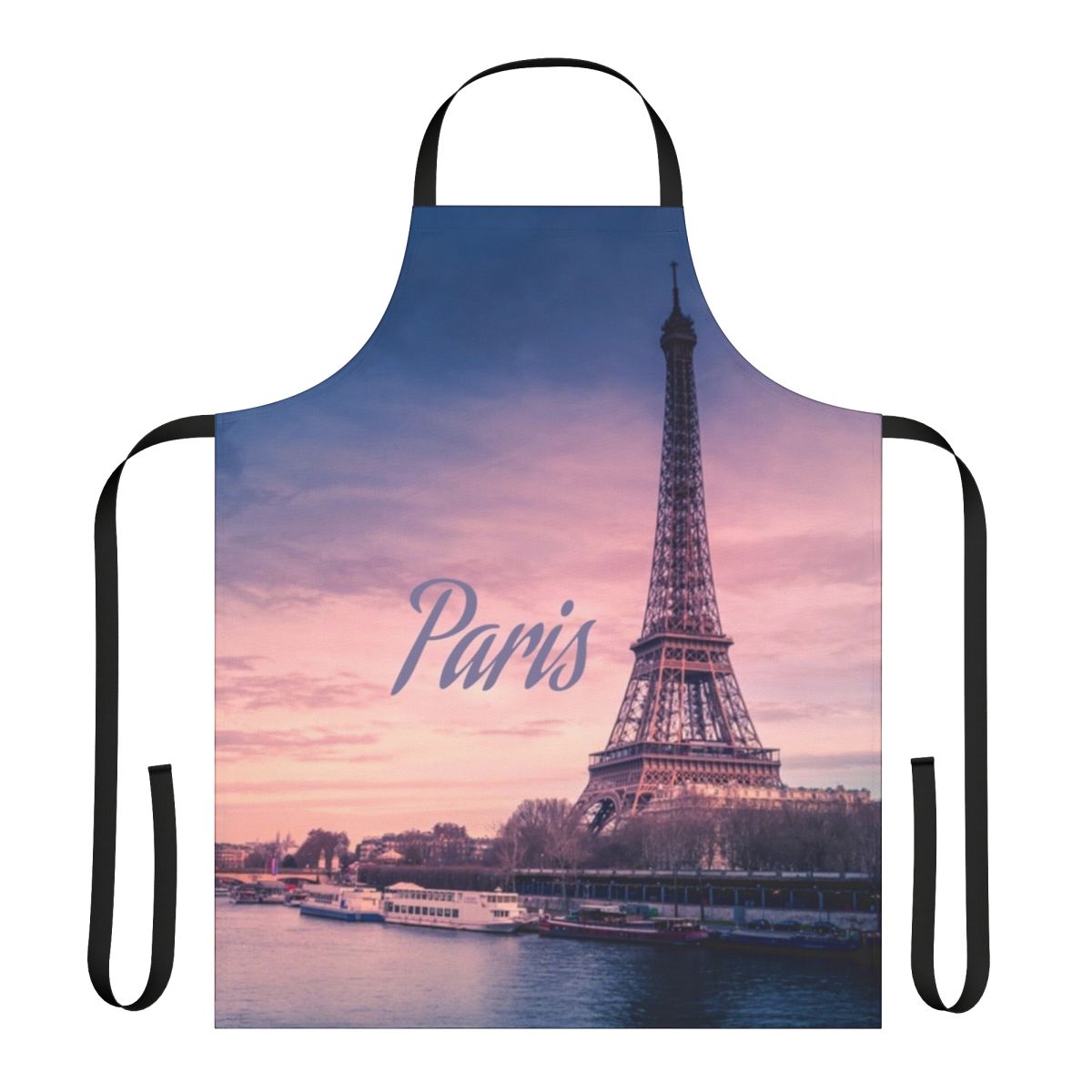 A stylish apron featuring the iconic Eiffel Tower, perfect for cooking enthusiasts and Paris fans.