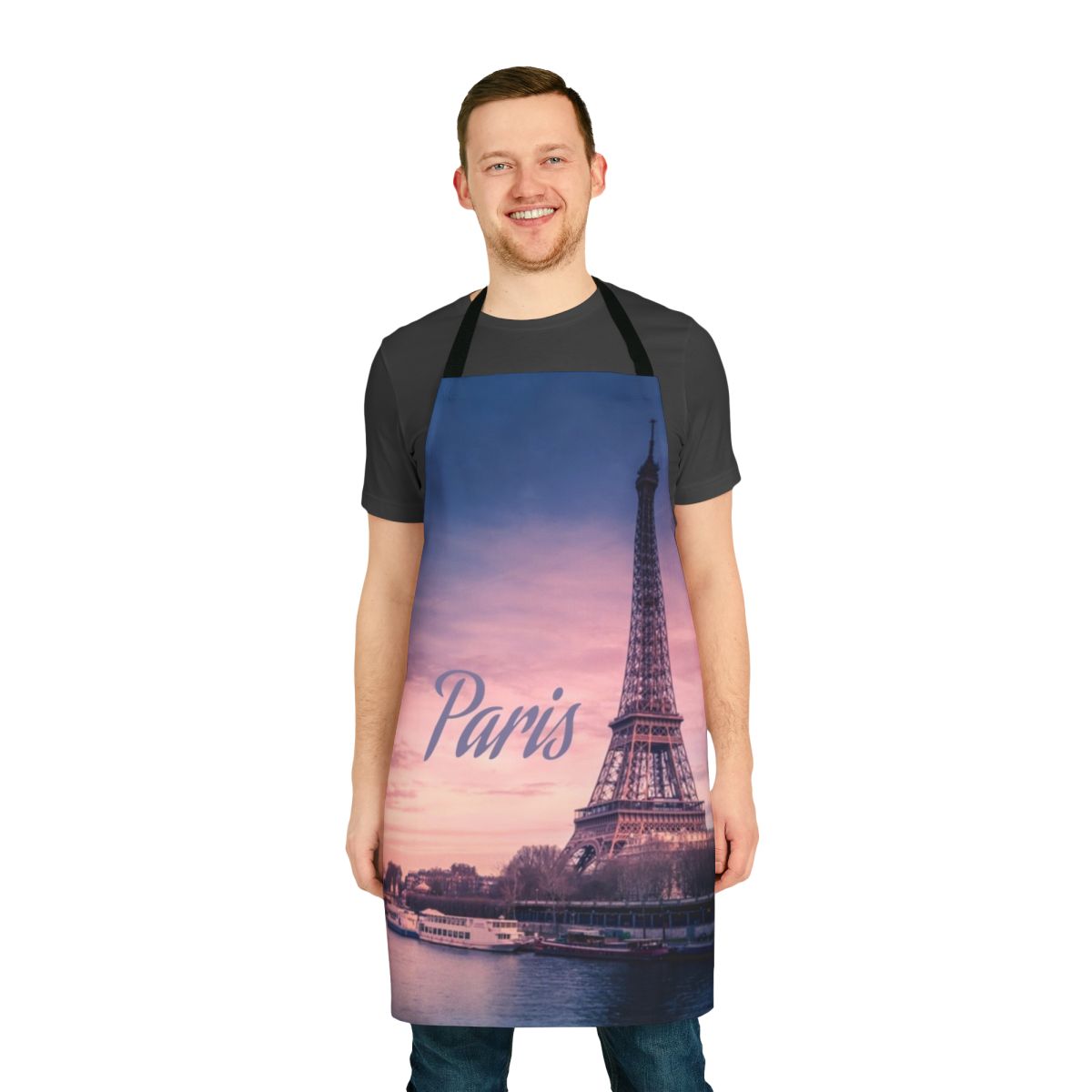 A stylish apron featuring the iconic Eiffel Tower, perfect for cooking enthusiasts and Paris fans.
