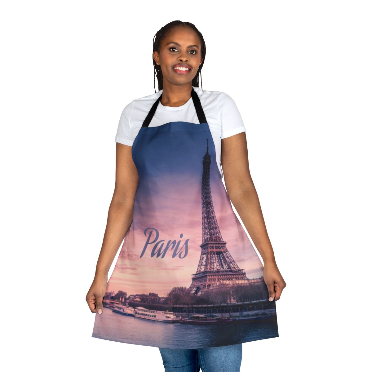 A stylish apron featuring the iconic Eiffel Tower, perfect for cooking enthusiasts and Paris fans.