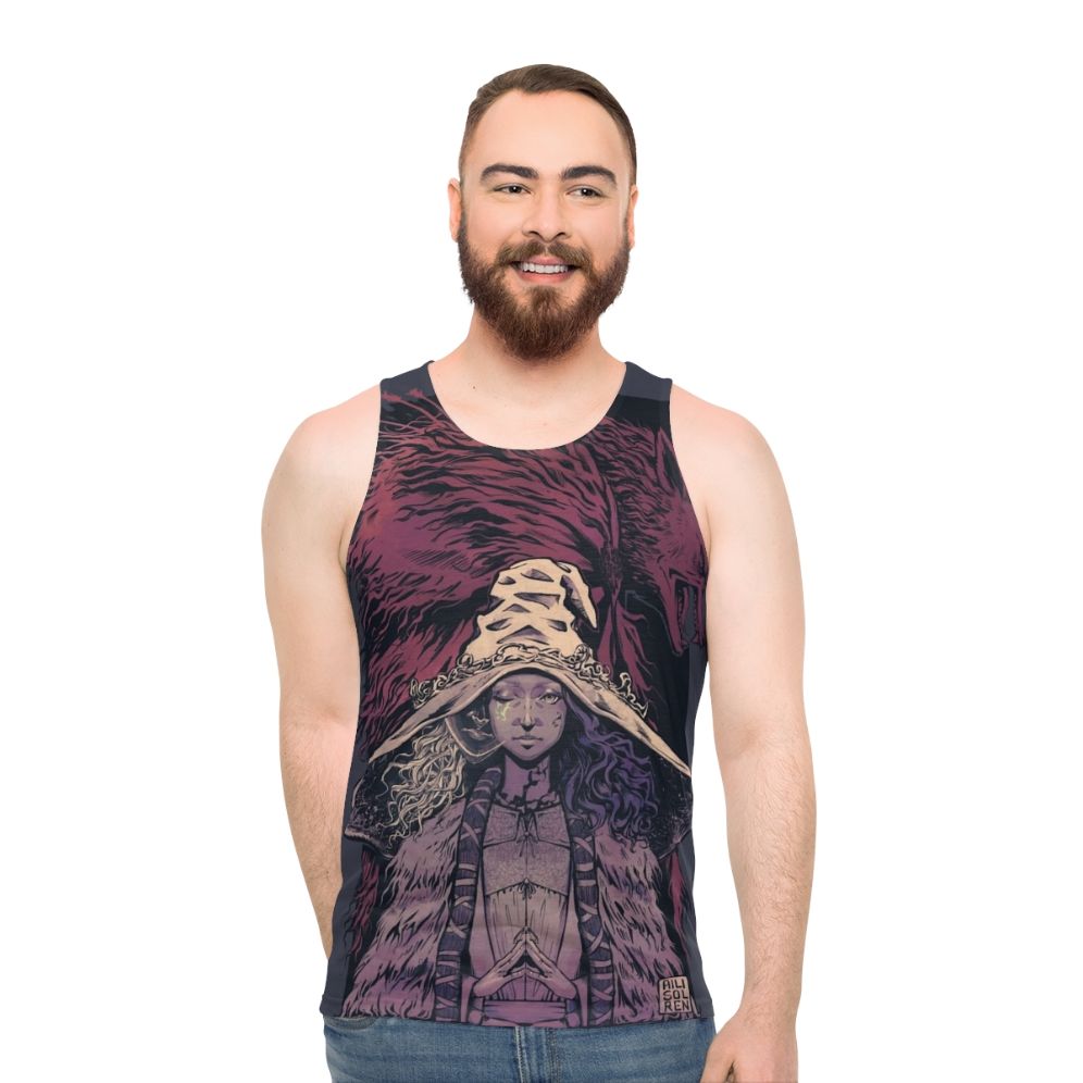 Desaturated unisex tank top featuring Ranni and Blaidd from Elden Ring