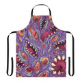 Apron featuring a Lovecraftian-inspired creature design with eyes, tentacles, and fangs on a purple background.