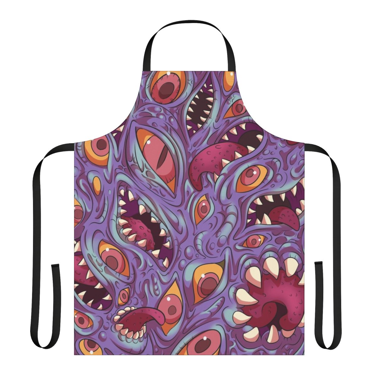 Apron featuring a Lovecraftian-inspired creature design with eyes, tentacles, and fangs on a purple background.