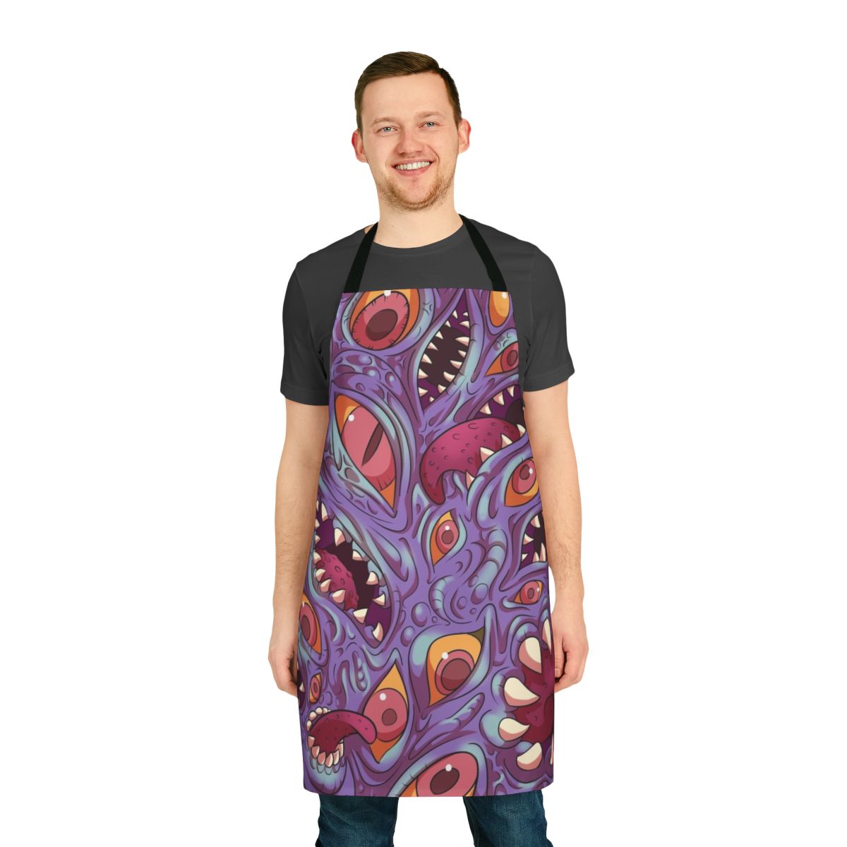 Apron featuring a Lovecraftian-inspired creature design with eyes, tentacles, and fangs on a purple background.