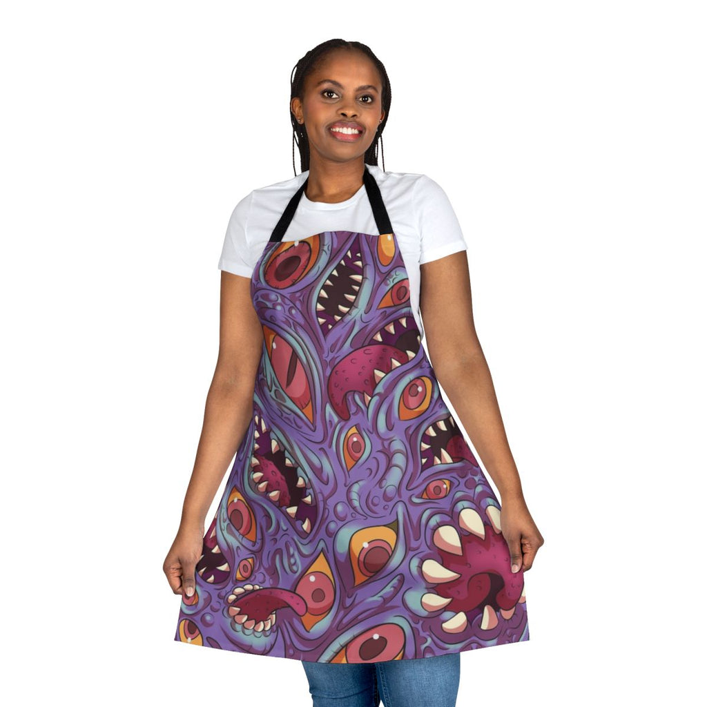 Apron featuring a Lovecraftian-inspired creature design with eyes, tentacles, and fangs on a purple background.