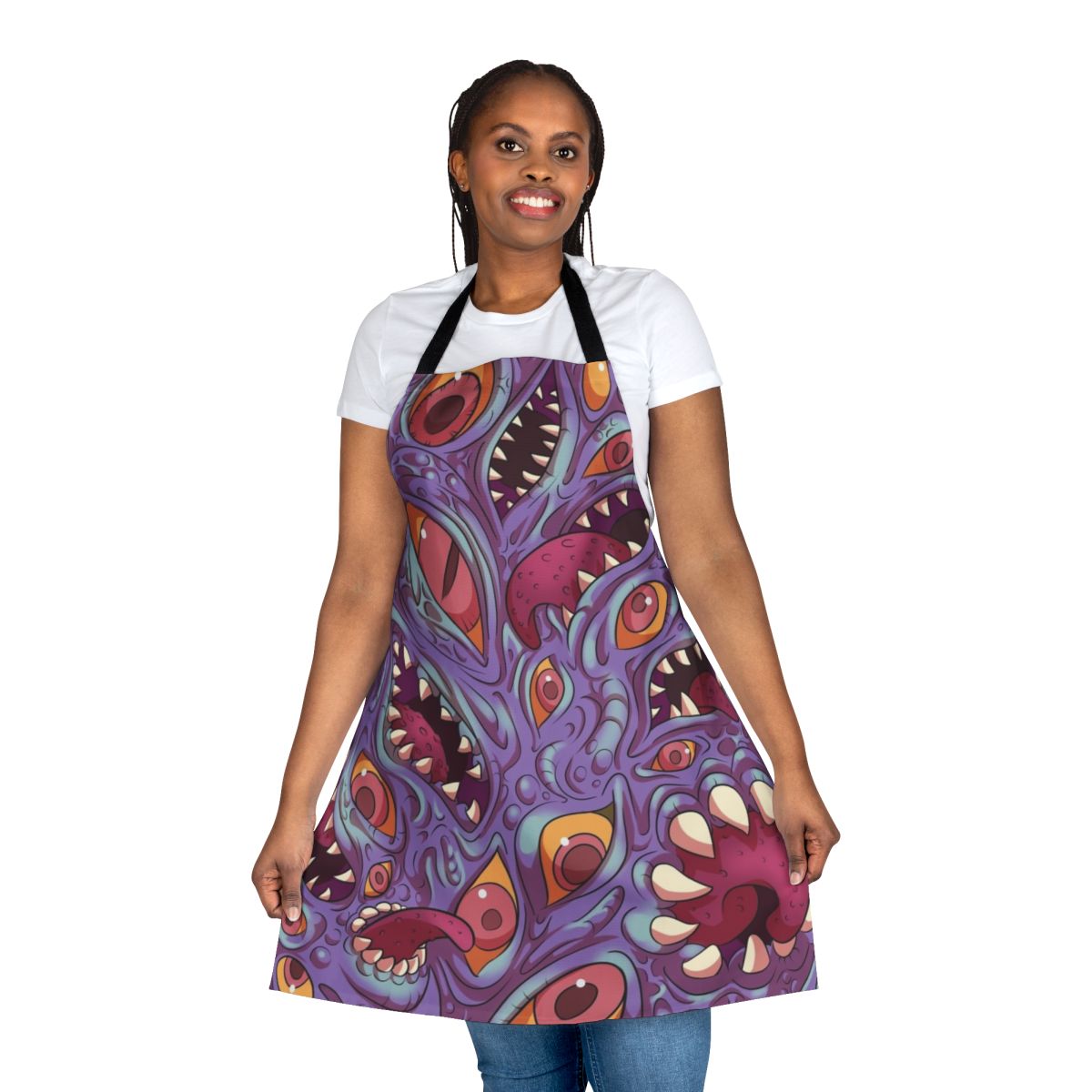 Apron featuring a Lovecraftian-inspired creature design with eyes, tentacles, and fangs on a purple background.