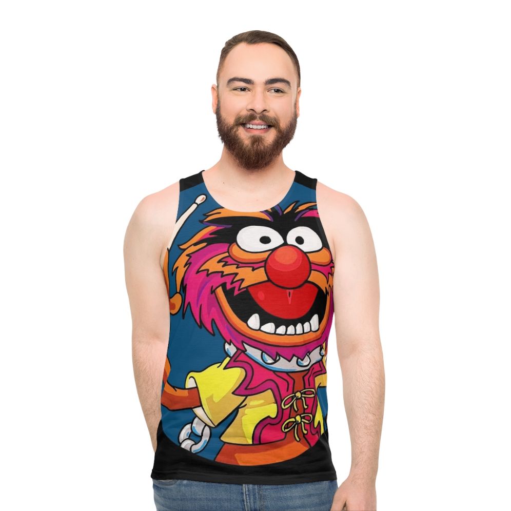 Electric Mayhem drummer playing drums on a unisex tank top