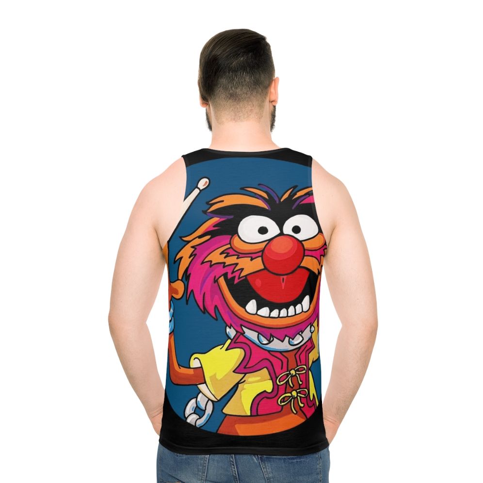 Electric Mayhem drummer playing drums on a unisex tank top