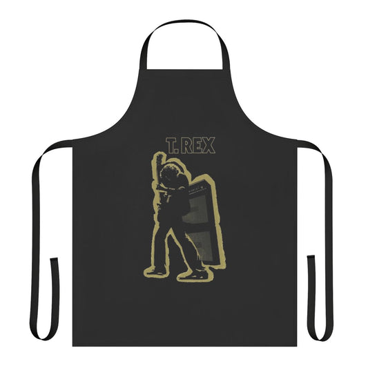 Mens funny apron featuring an electric warrior dinosaur design, perfect for music fans of the 70s rock band T. Rex