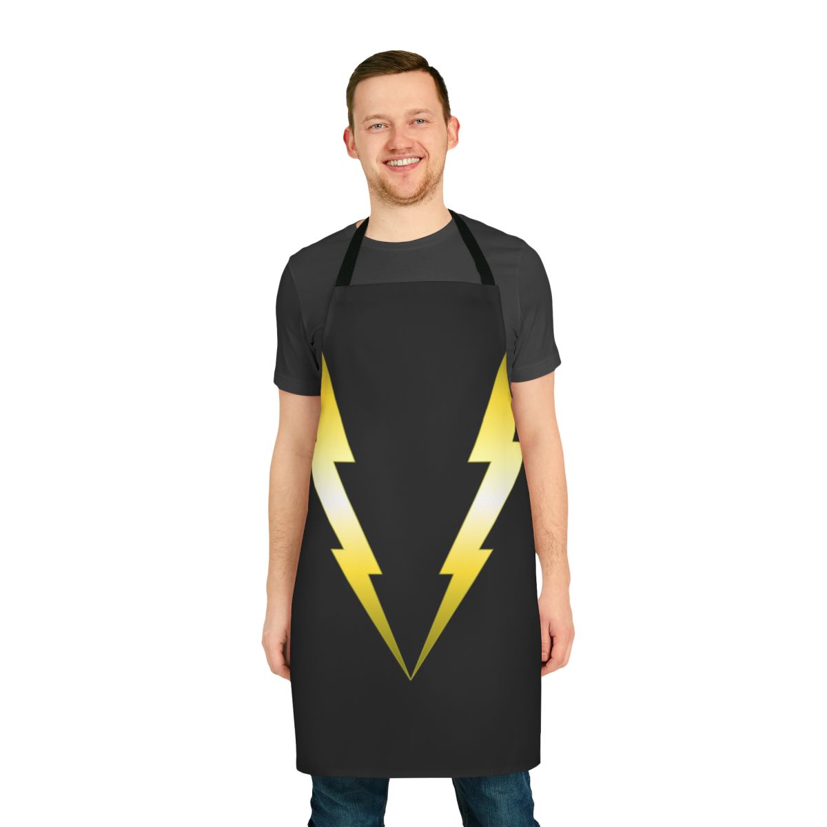 Vibrant electric apron featuring lightning bolts, superhero and comic book inspired design