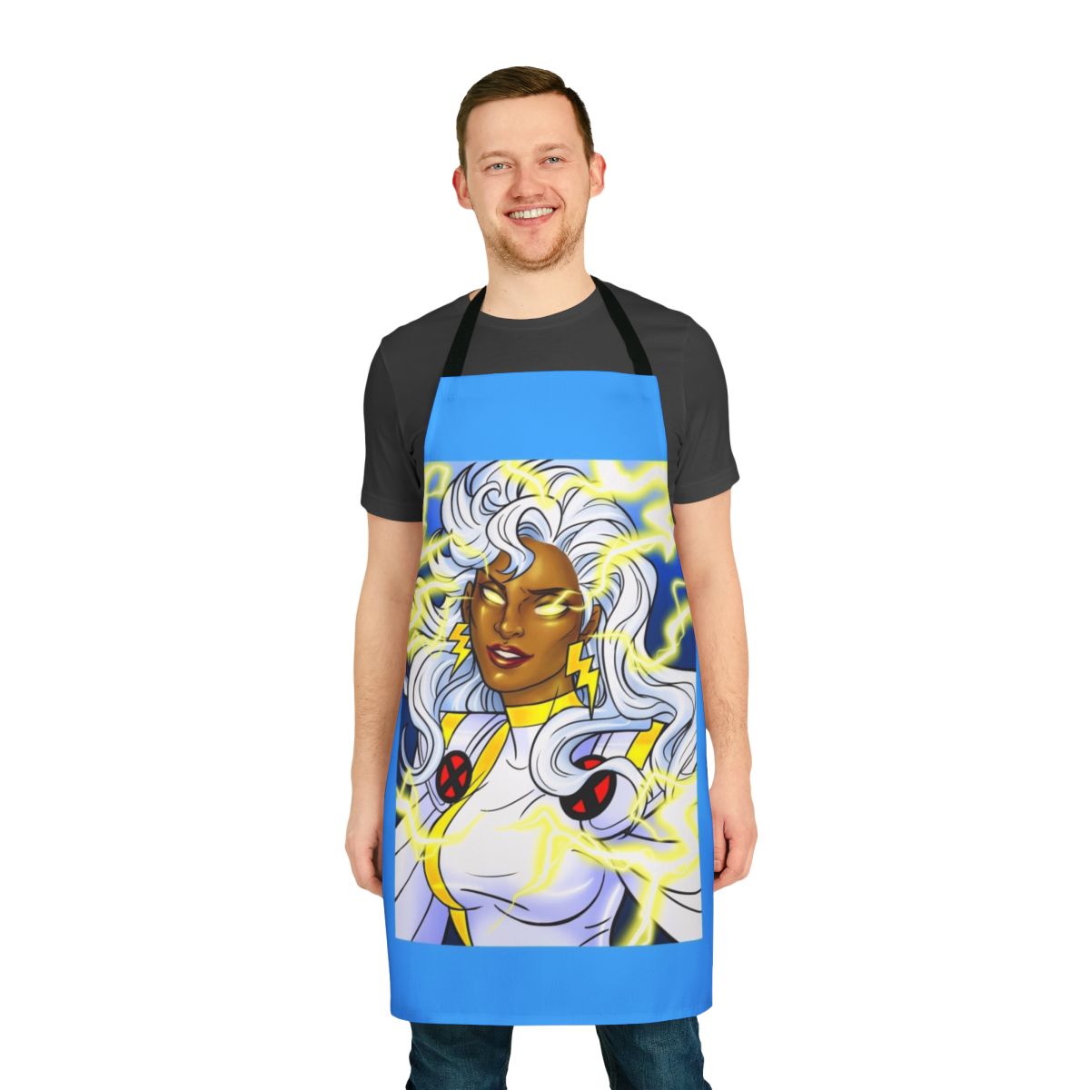 A vintage-inspired apron featuring a mutant with electric powers and thunderstorms, perfect for the kitchen.