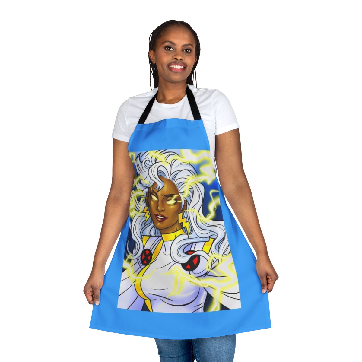 A vintage-inspired apron featuring a mutant with electric powers and thunderstorms, perfect for the kitchen.