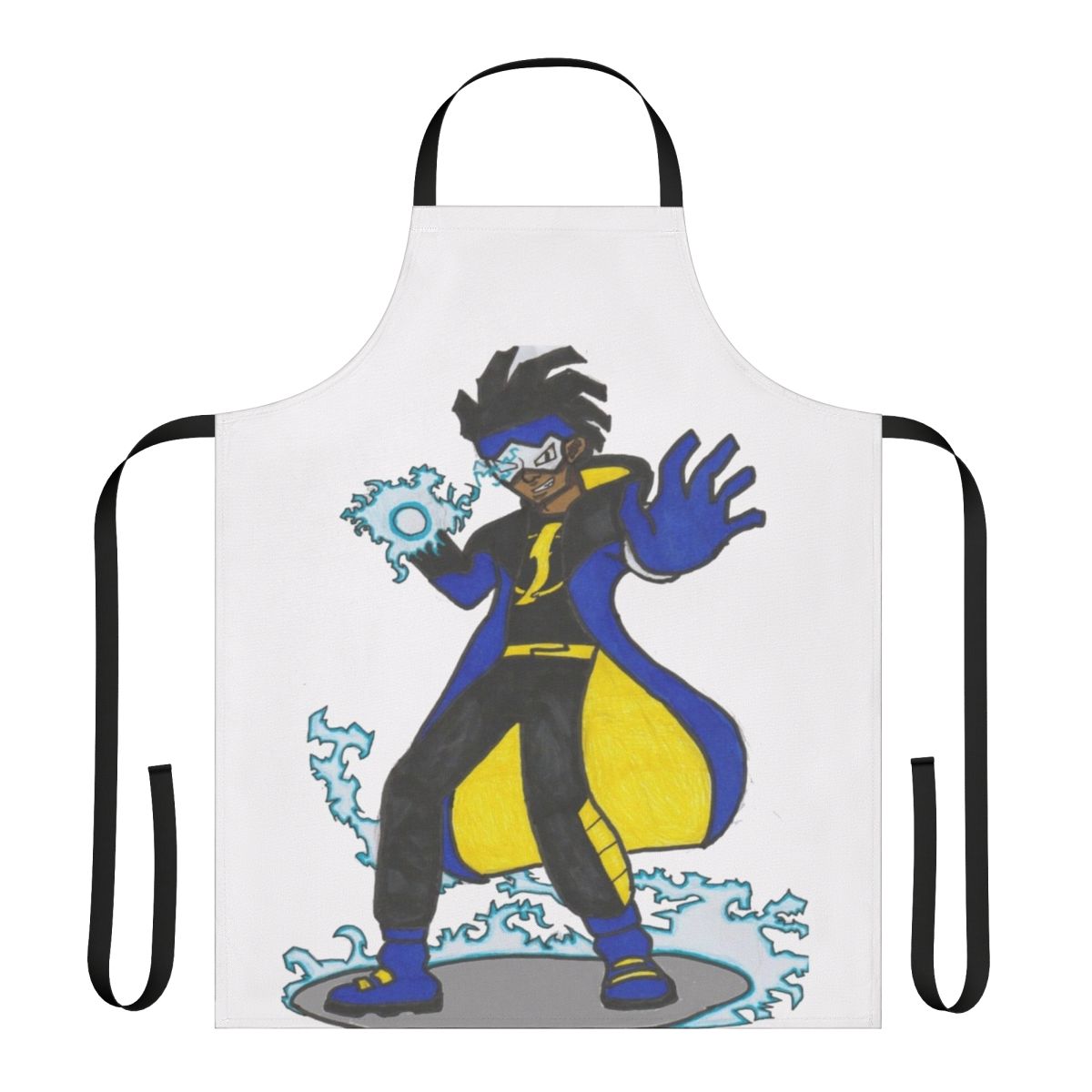 Static Shock inspired superhero apron with bold graphic design