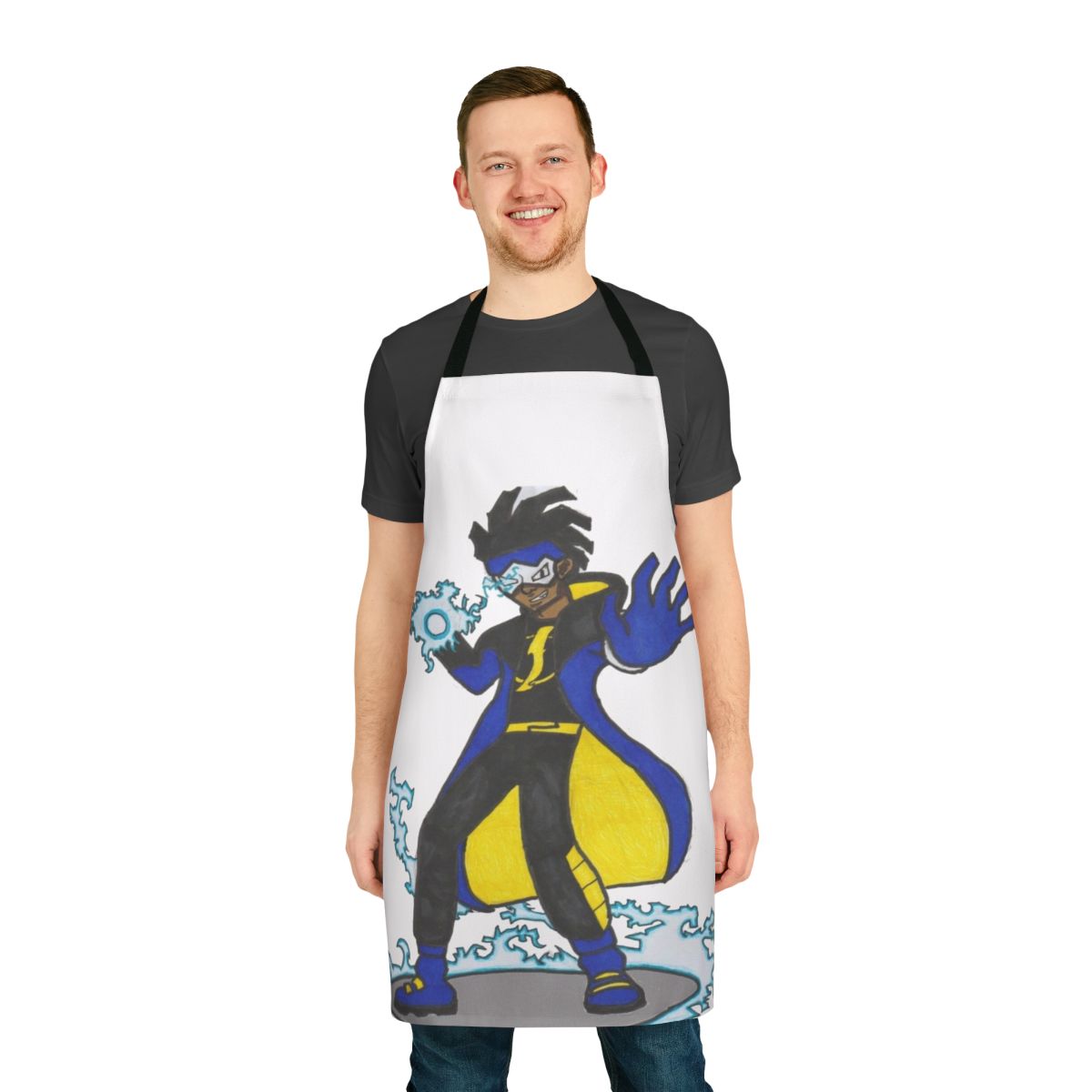 Static Shock inspired superhero apron with bold graphic design