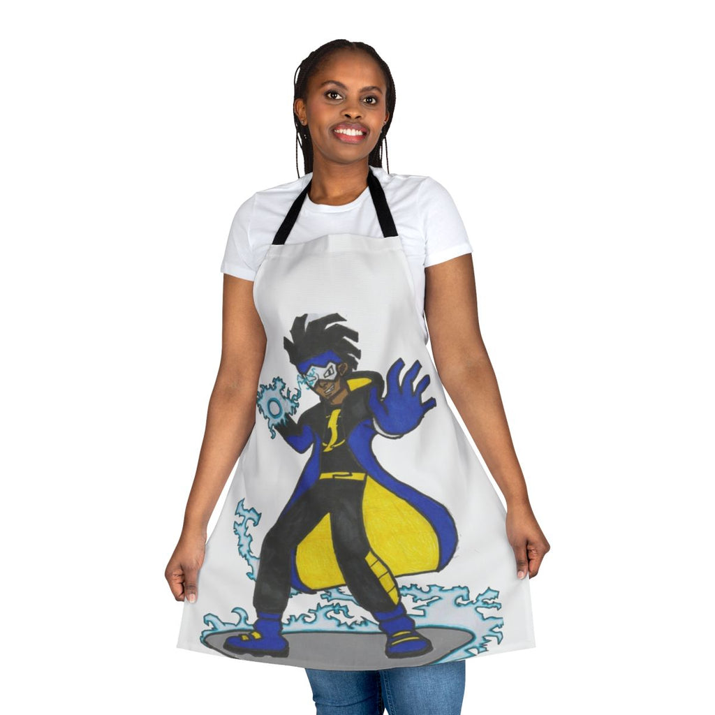 Static Shock inspired superhero apron with bold graphic design