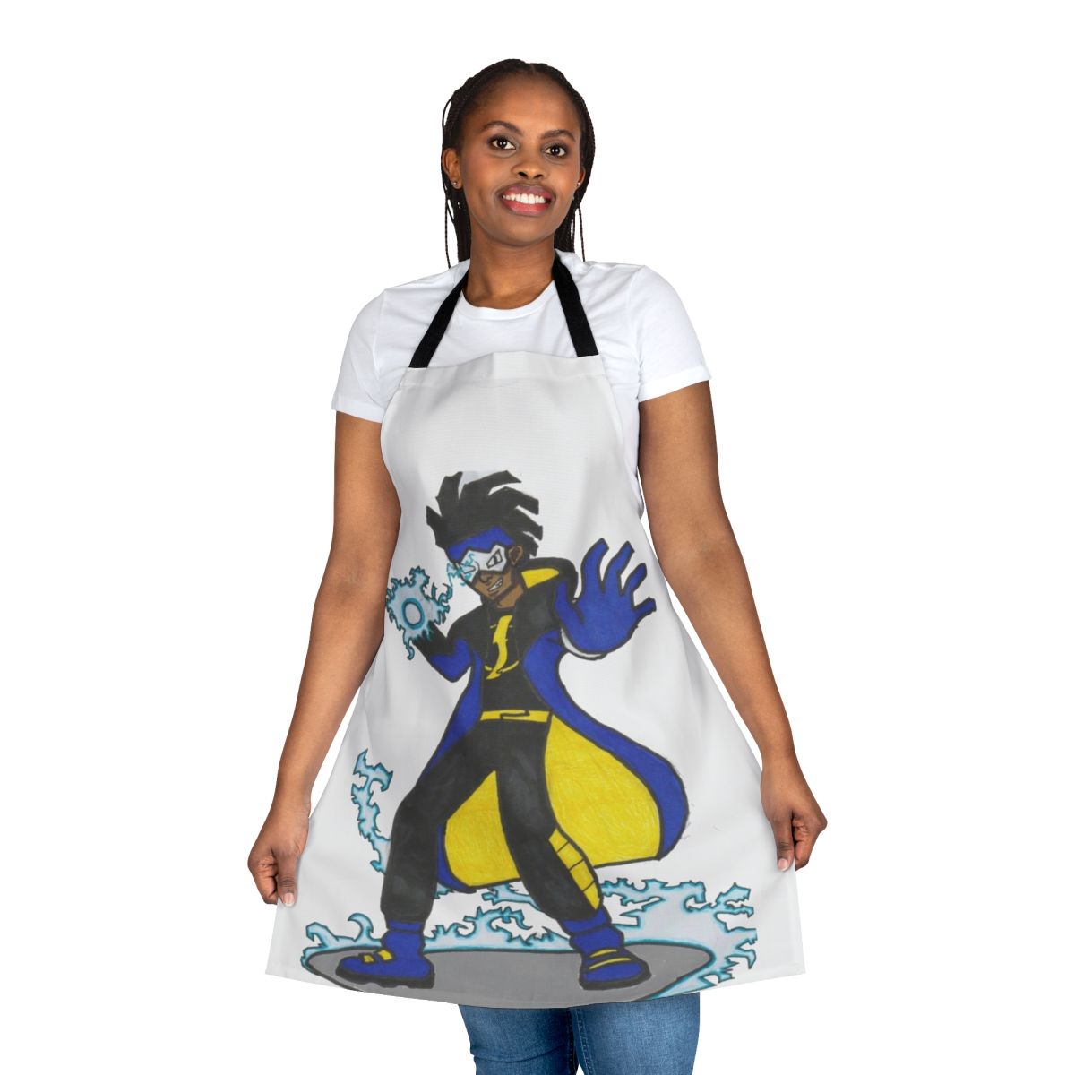 Static Shock inspired superhero apron with bold graphic design