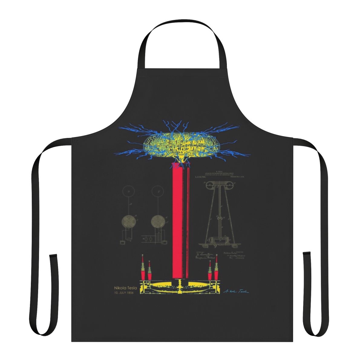Apron featuring a Tesla coil design, representing electrical engineering and the legacy of Nikola Tesla.