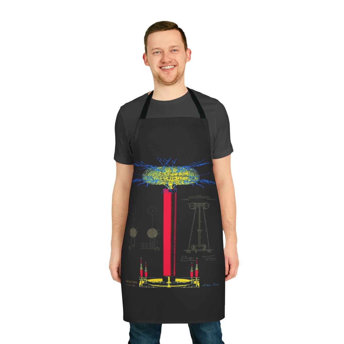 Apron featuring a Tesla coil design, representing electrical engineering and the legacy of Nikola Tesla.