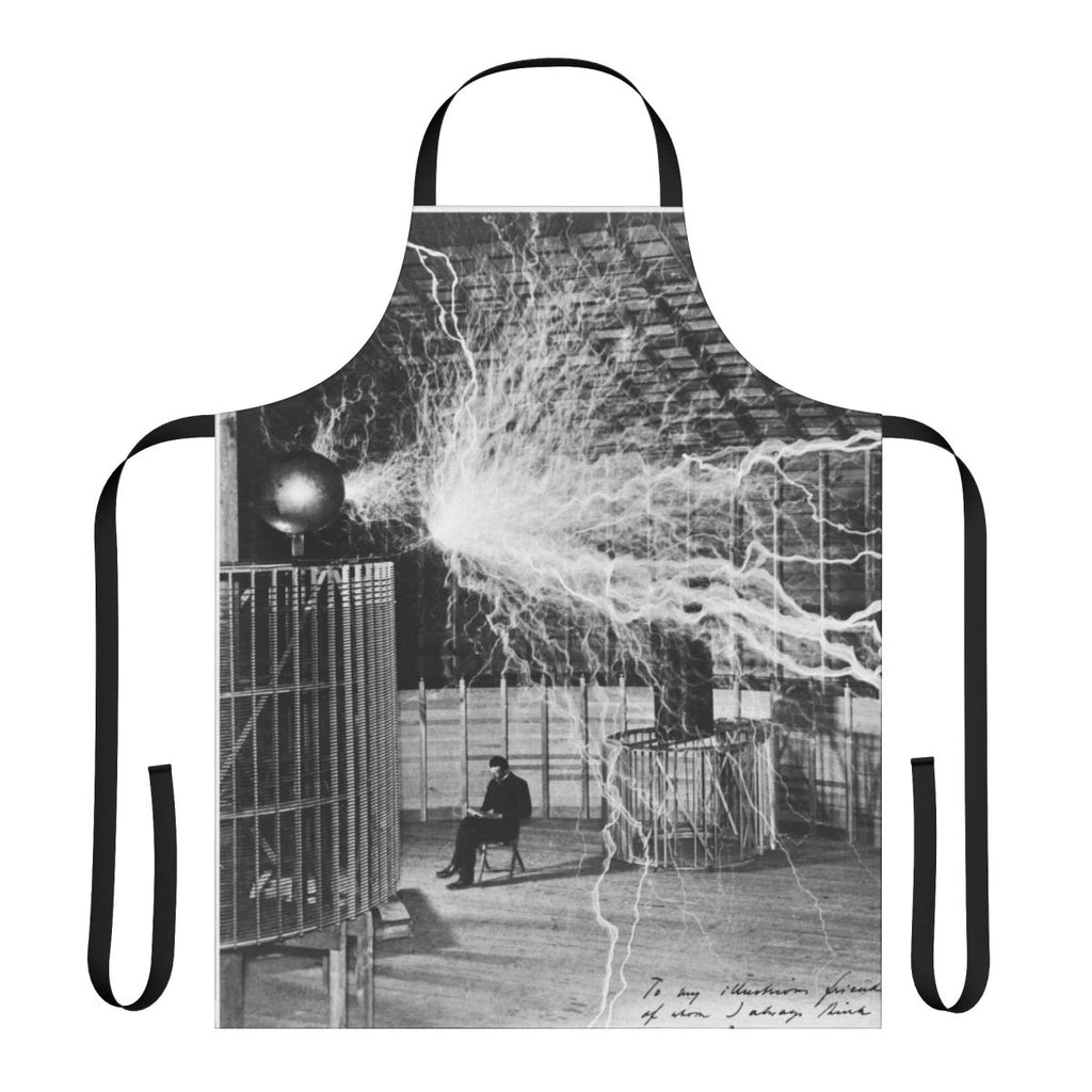 Apron with electric and lightning bolt design, inspired by Nikola Tesla's work on electricity and electromagnetism.