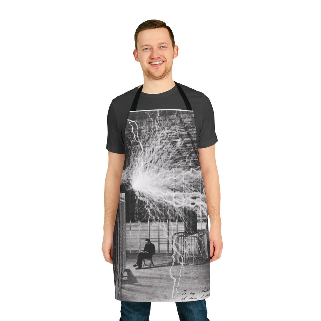 Apron with electric and lightning bolt design, inspired by Nikola Tesla's work on electricity and electromagnetism.