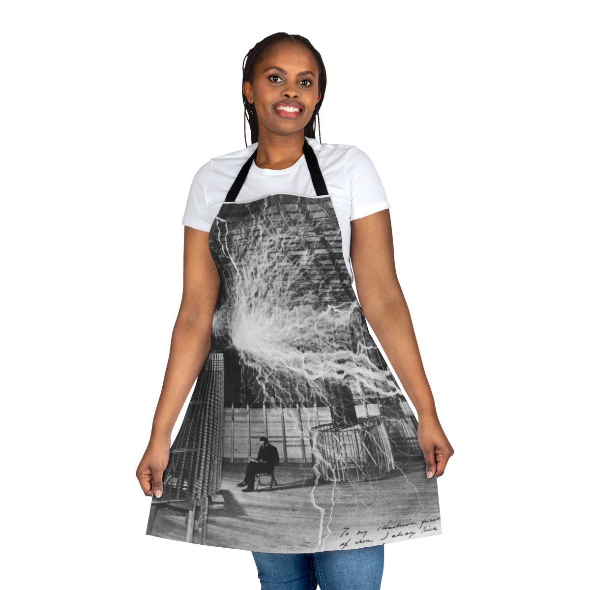 Apron with electric and lightning bolt design, inspired by Nikola Tesla's work on electricity and electromagnetism.