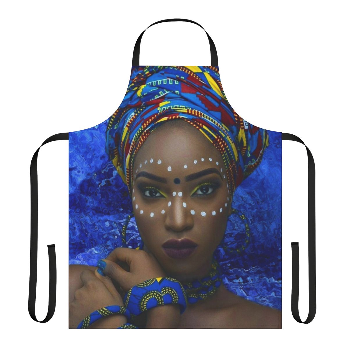 Closeup of a woman's face with tribal jewelry and makeup, wearing an African-style apron