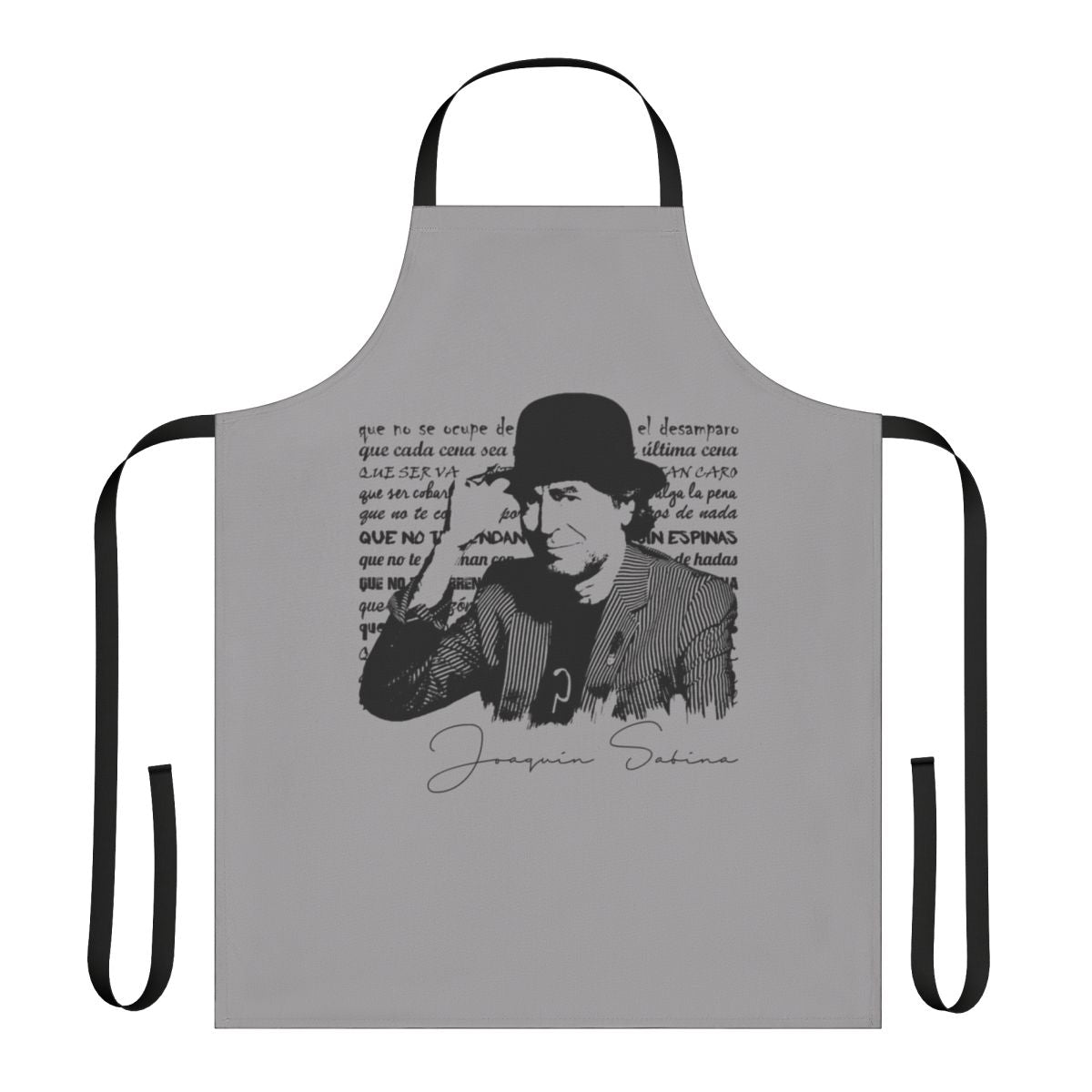 Stylish apron featuring the name and imagery of beloved Spanish singer-songwriter Joaquin Sabina