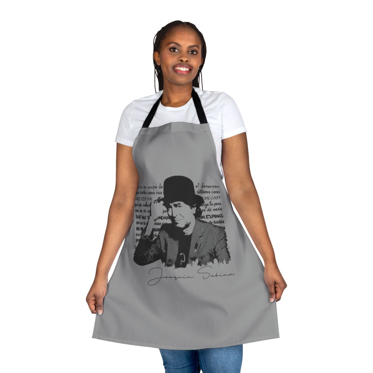 Stylish apron featuring the name and imagery of beloved Spanish singer-songwriter Joaquin Sabina