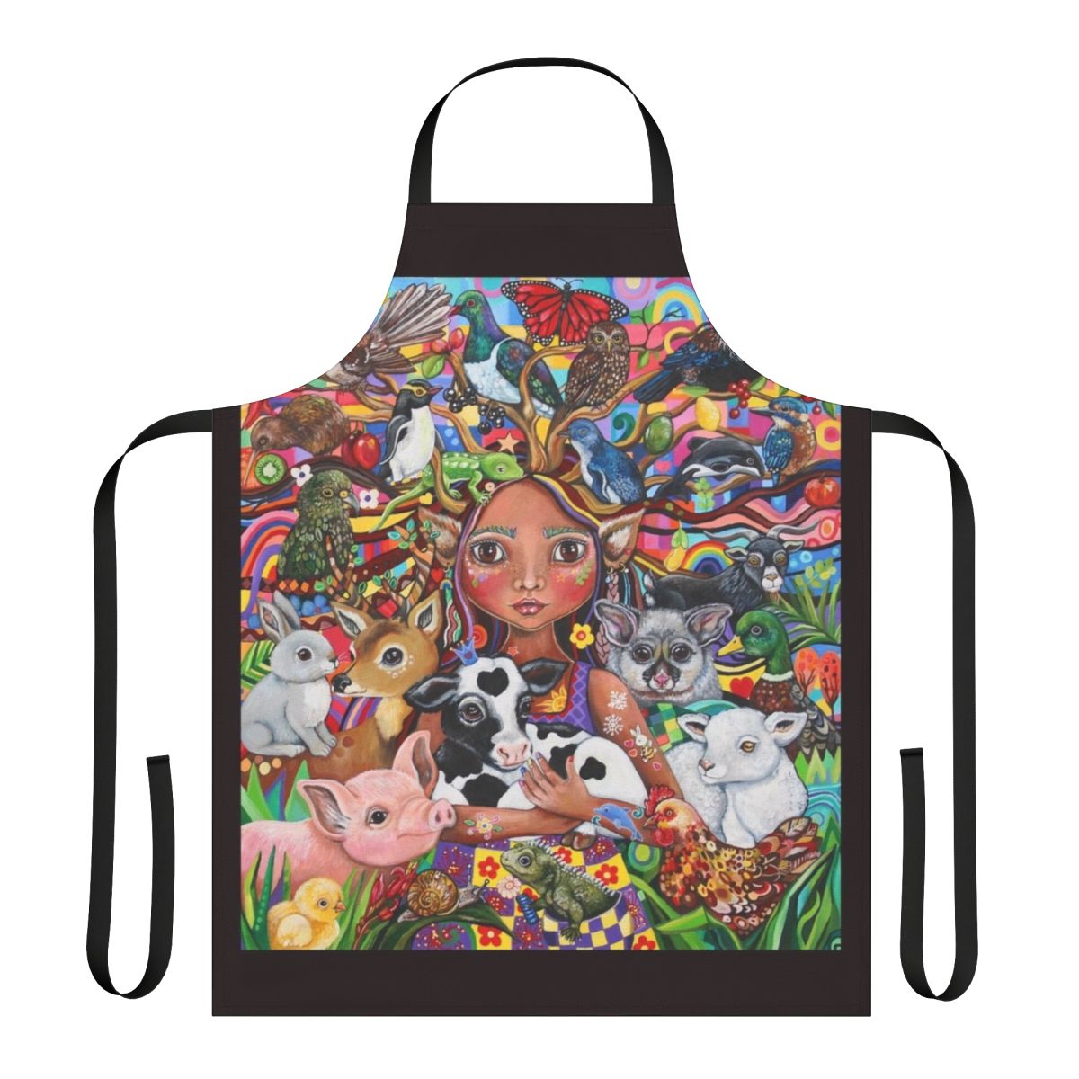 Vegan apron featuring a nature-inspired design with animals