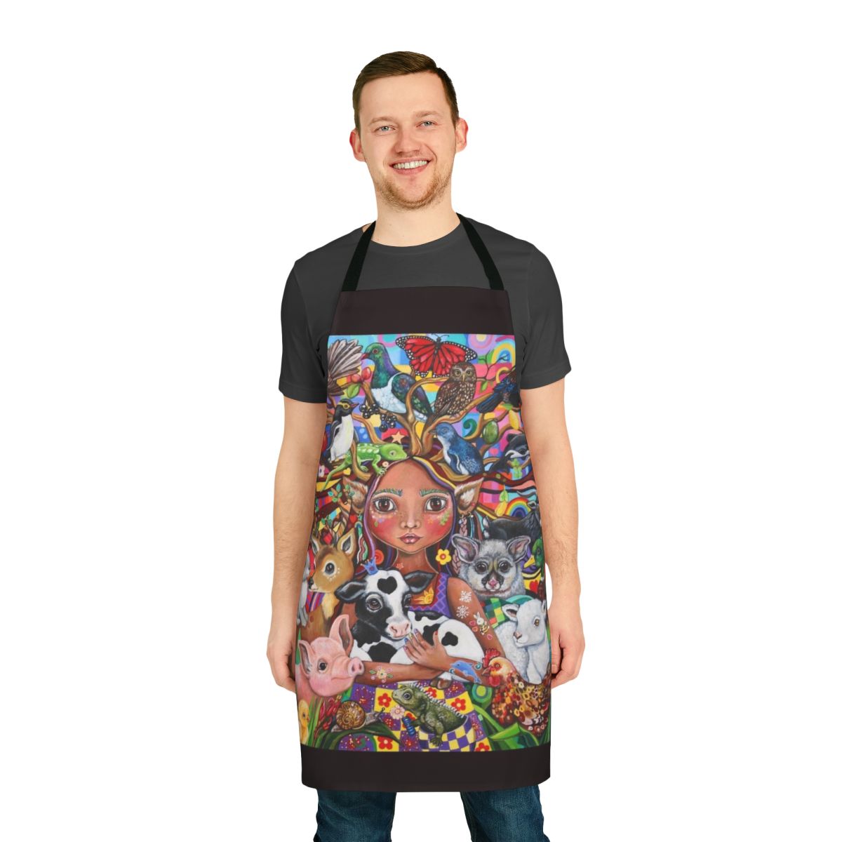 Vegan apron featuring a nature-inspired design with animals