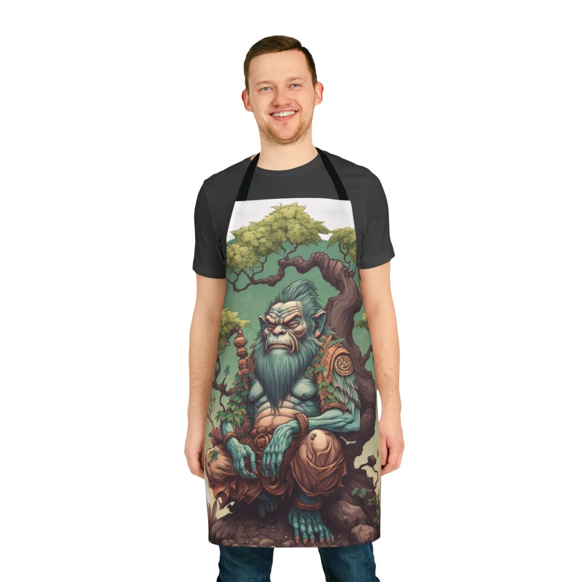 Photograph of an elegant, colorful apron featuring a minimalist design with an ape motif, perfect for the nature lover.