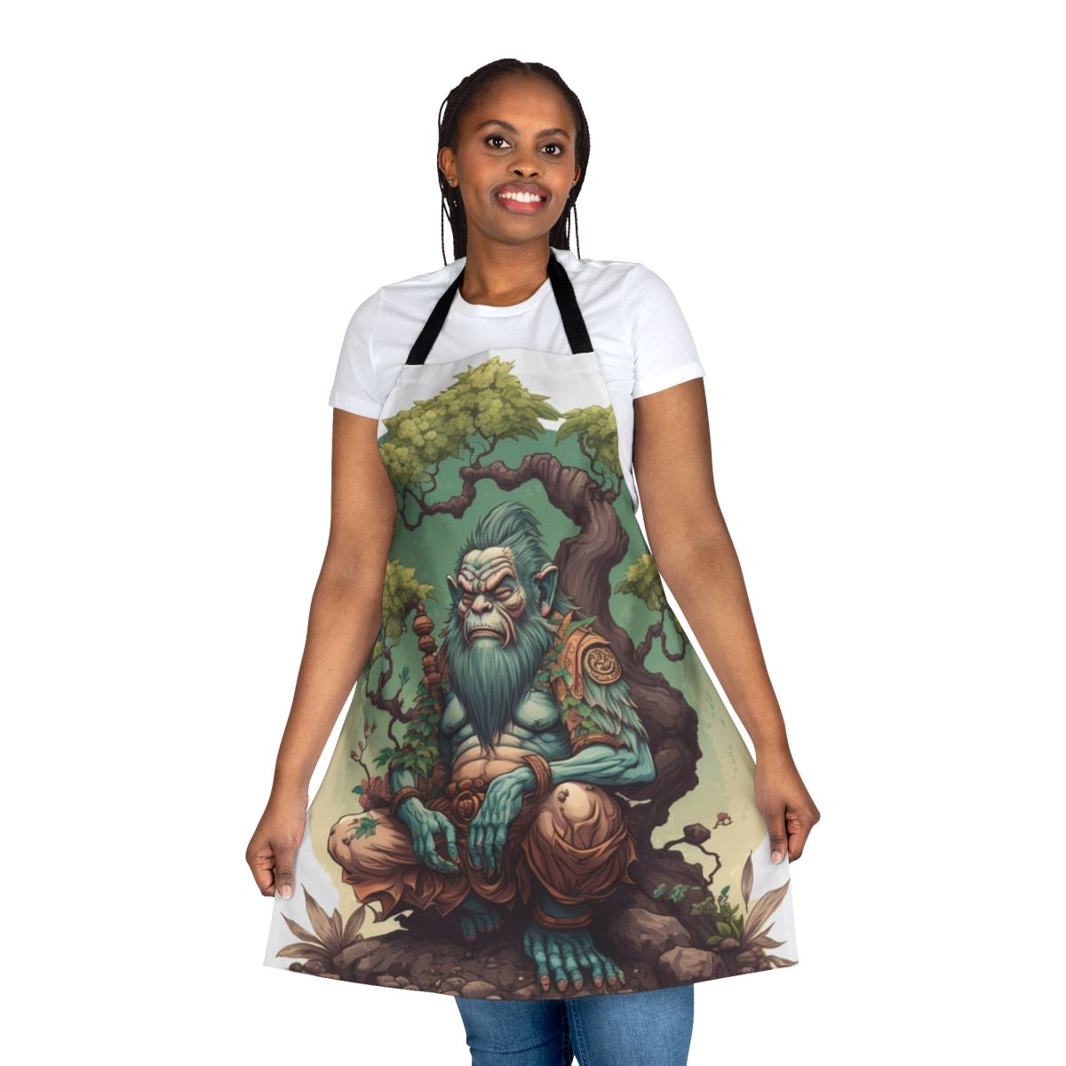 Photograph of an elegant, colorful apron featuring a minimalist design with an ape motif, perfect for the nature lover.