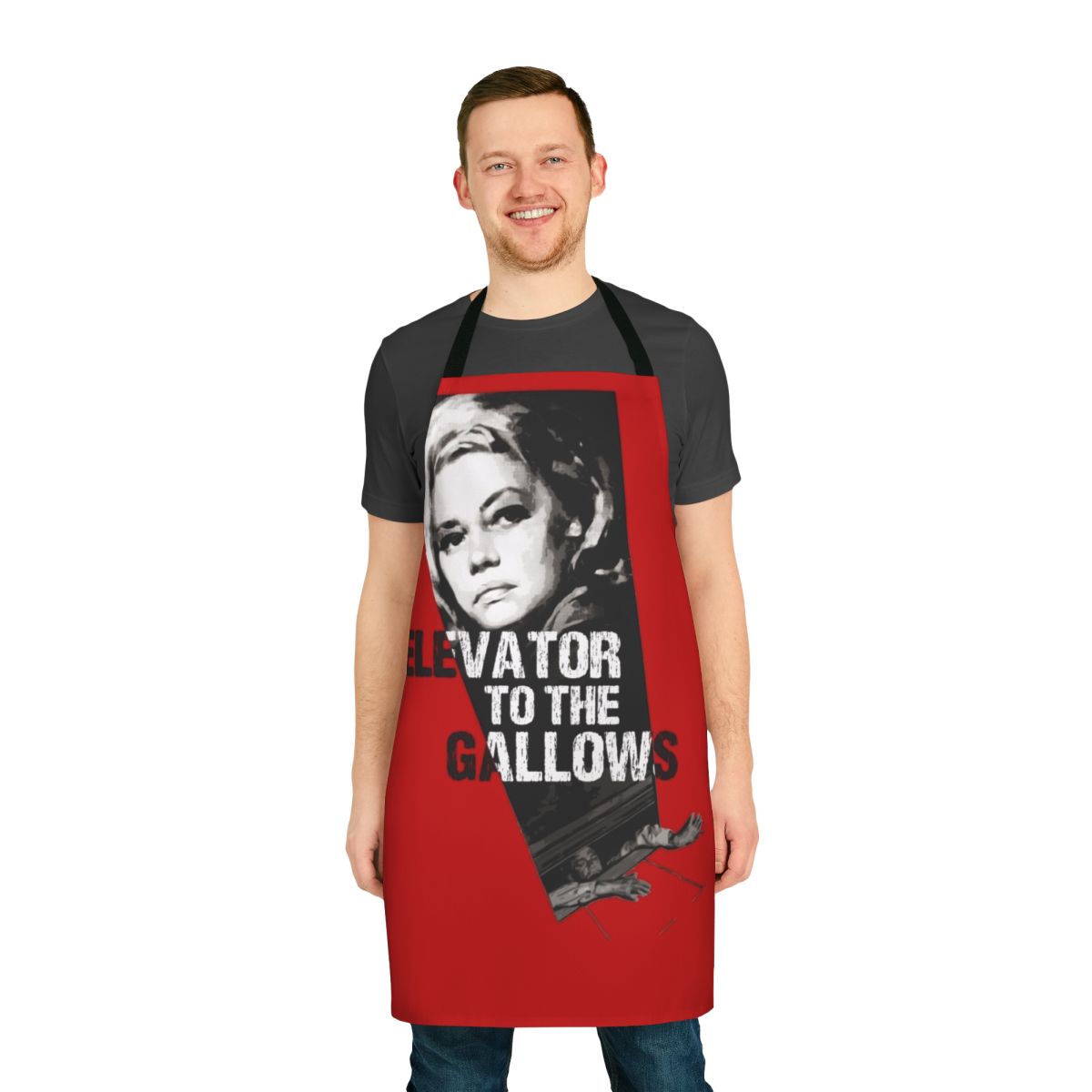 Stylish apron featuring imagery and themes from the iconic French film "Elevator to the Gallows"