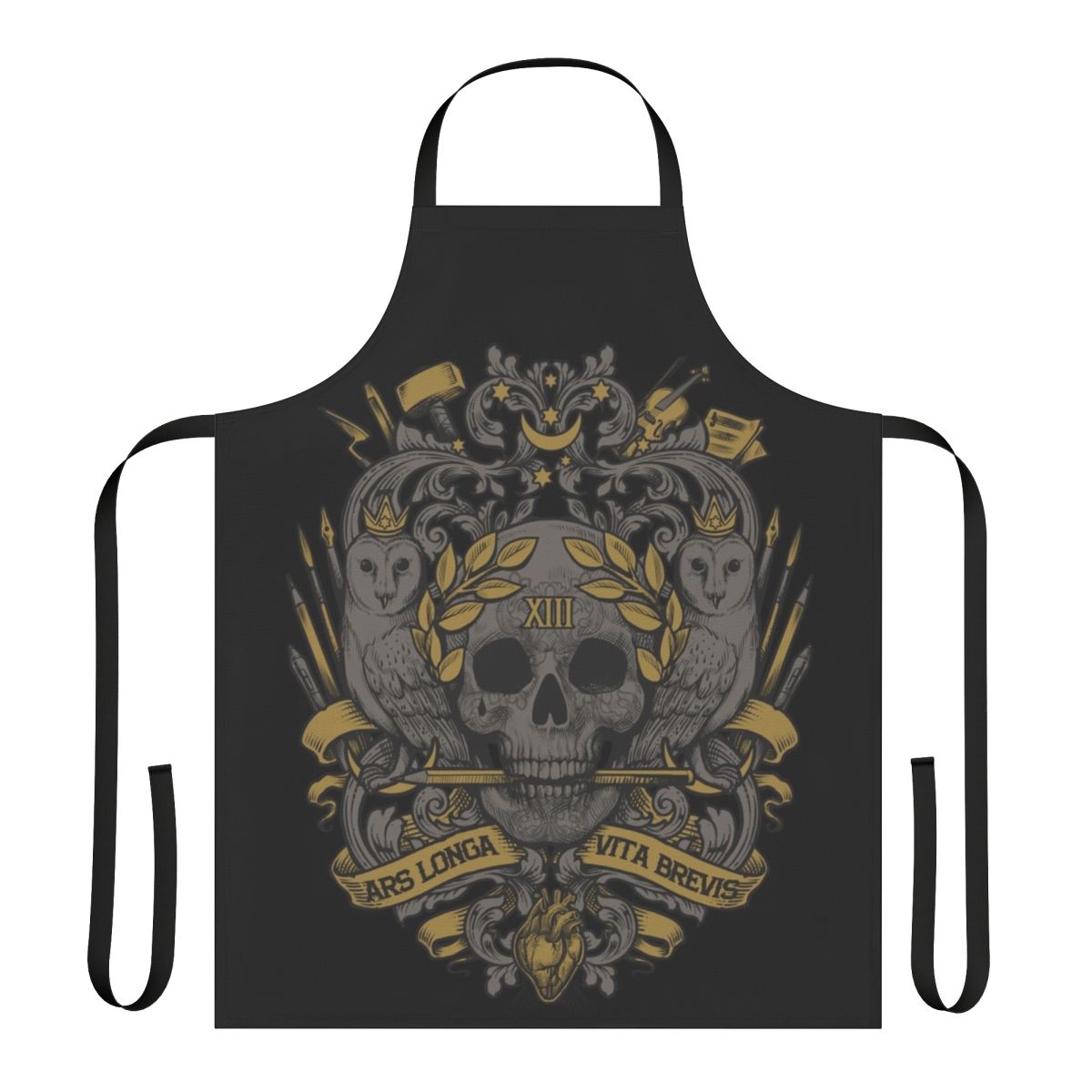 Ars Longa Vita Brevis inspired apron featuring a classic coat of arms design, perfect for artists, designers, and creative professionals.
