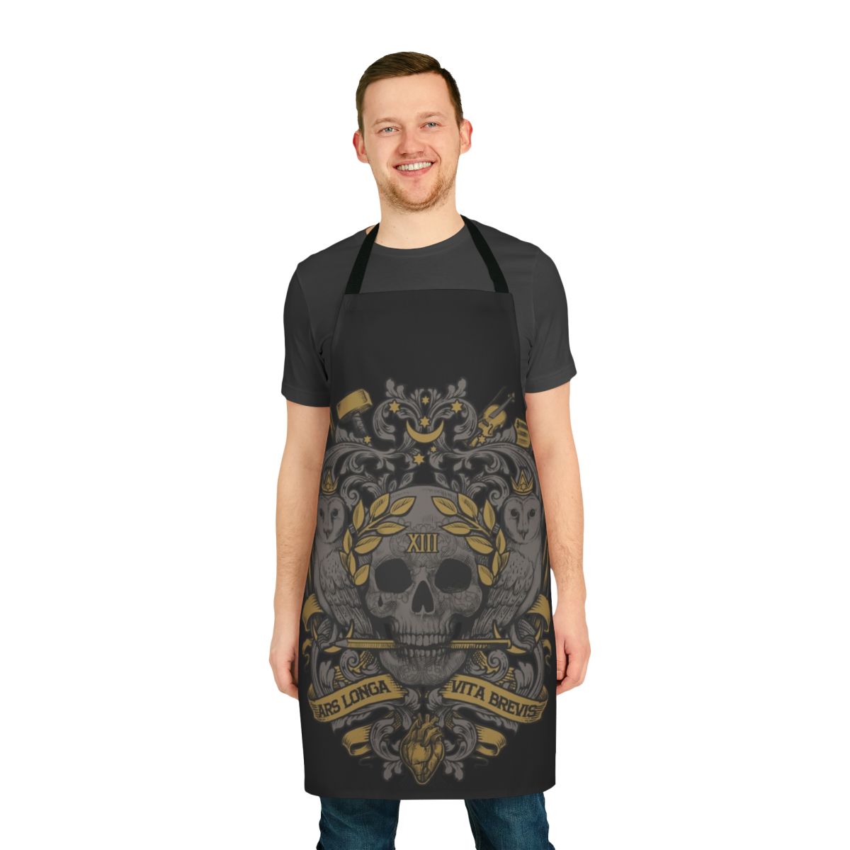 Ars Longa Vita Brevis inspired apron featuring a classic coat of arms design, perfect for artists, designers, and creative professionals.