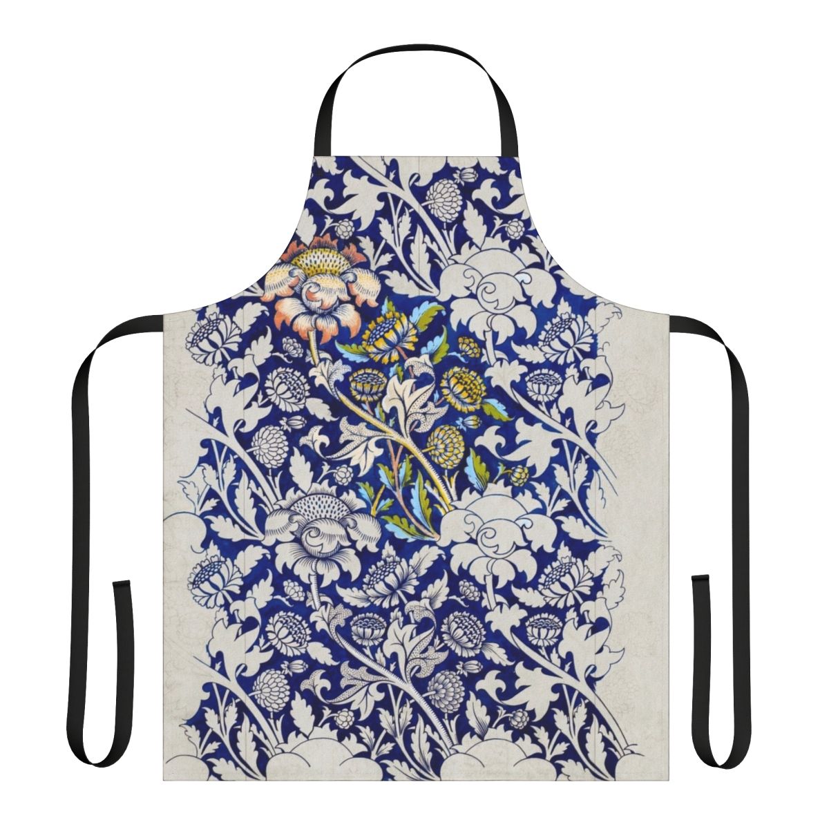 Floral apron featuring an art nouveau style botanical design inspired by the artwork of William Morris
