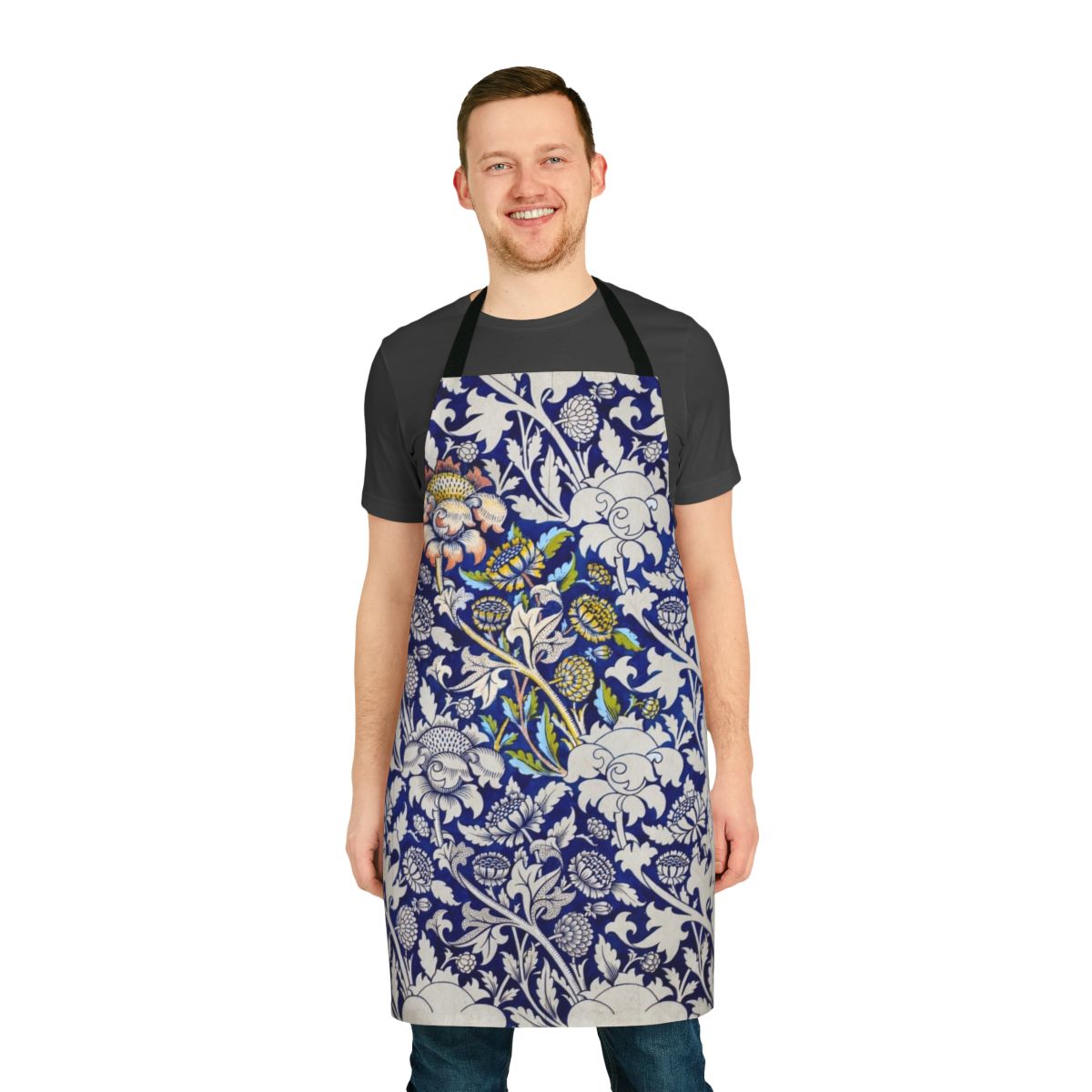Floral apron featuring an art nouveau style botanical design inspired by the artwork of William Morris
