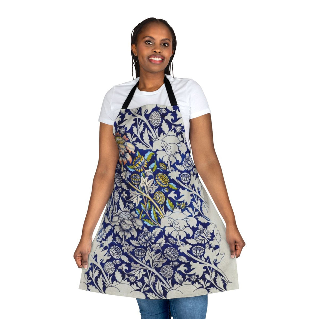 Floral apron featuring an art nouveau style botanical design inspired by the artwork of William Morris